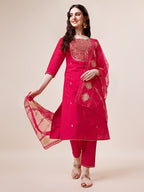 Embroidered Kurta With Pant And Dupatta Set, Multicolor - Hiral Fashion | Grocsy