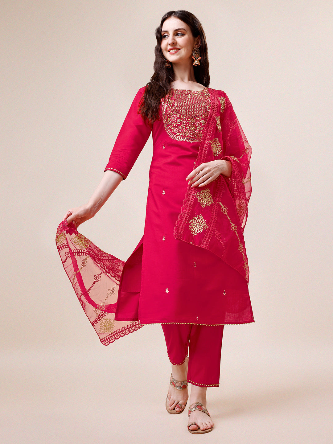 Embroidered Kurta With Pant And Dupatta Set, Multicolor - Hiral Fashion | Grocsy