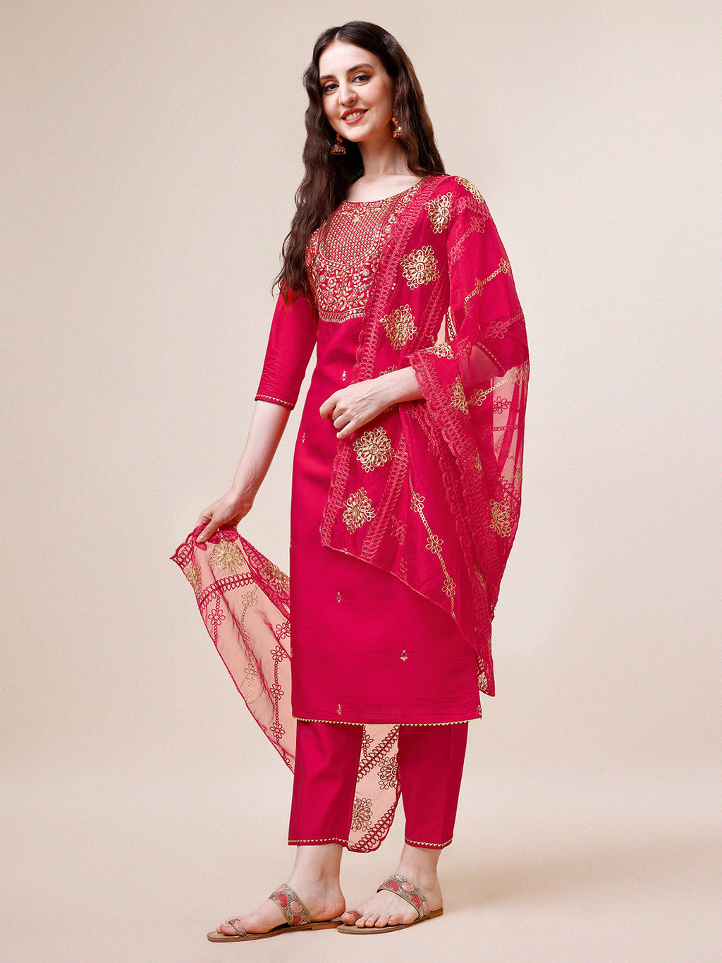 Embroidered Kurta With Pant And Dupatta Set, Multicolor - Hiral Fashion | Grocsy