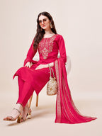 Hand Embroidered Kurta With Pant & Dupatta, Multicolor - Hiral Fashion | Grocsy