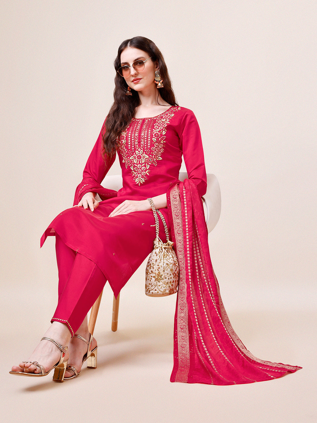 Hand Embroidered Kurta With Pant & Dupatta, Multicolor - Hiral Fashion | Grocsy