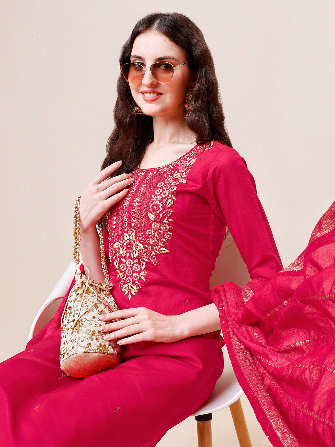 Hand Embroidered Kurta With Pant & Dupatta, Multicolor - Hiral Fashion | Grocsy