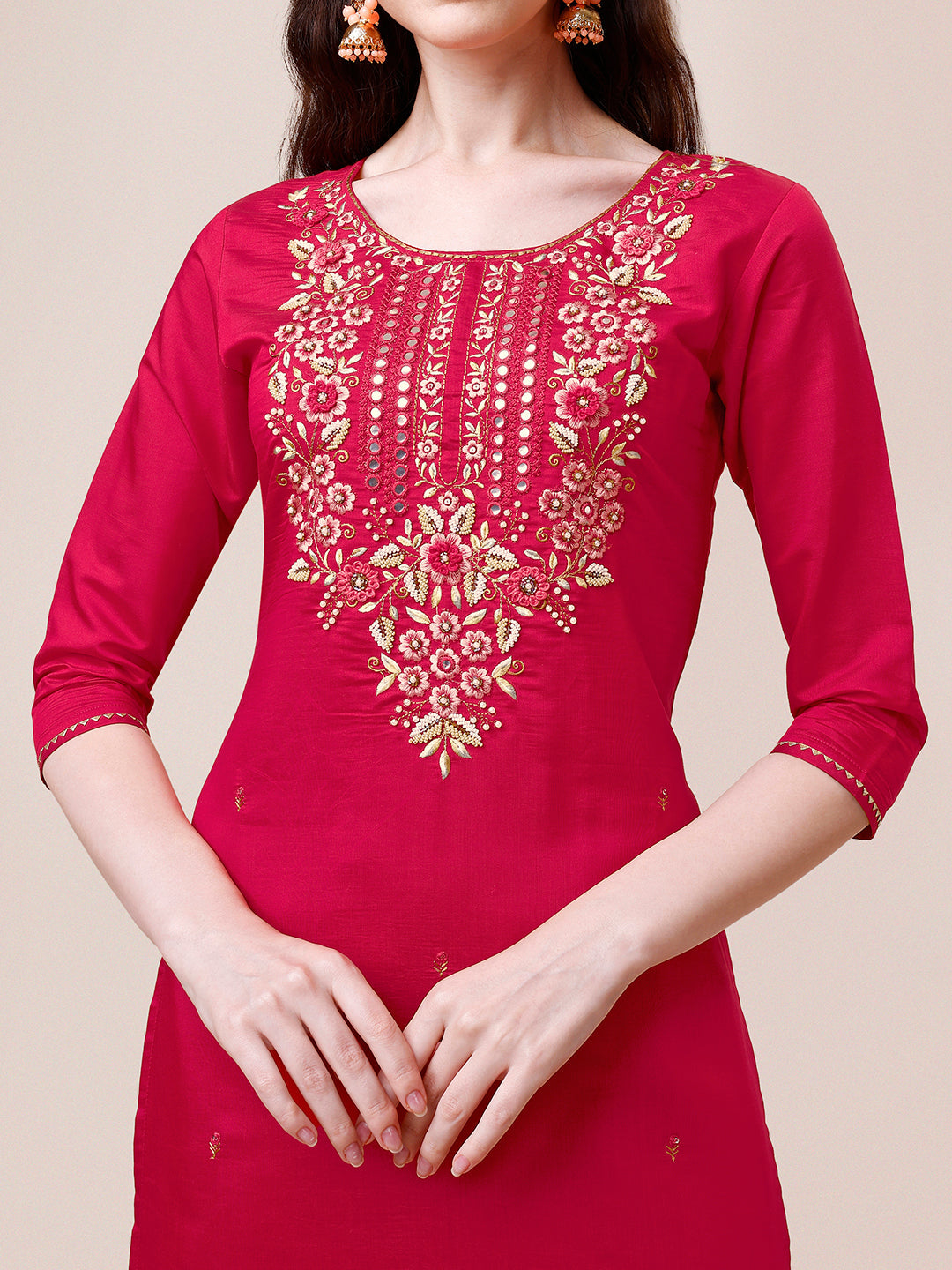 Hand Embroidered Kurta With Pant & Dupatta, Multicolor - Hiral Fashion | Grocsy