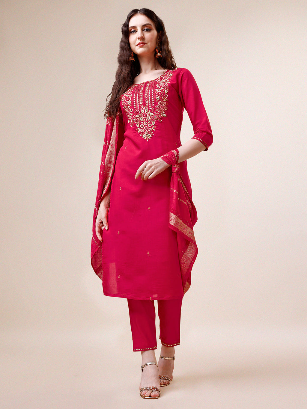 Hand Embroidered Kurta With Pant & Dupatta, Multicolor - Hiral Fashion | Grocsy