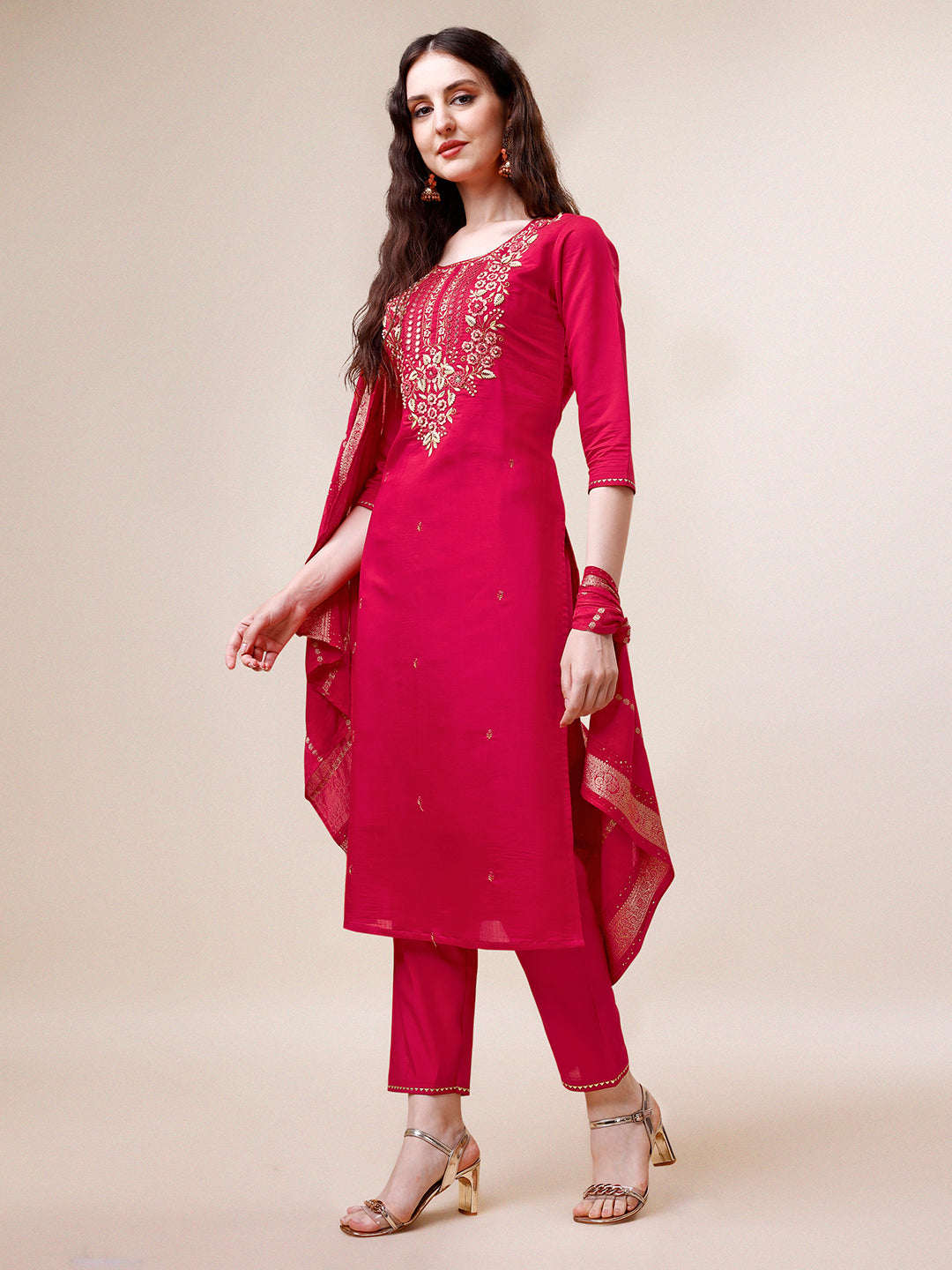 Hand Embroidered Kurta With Pant & Dupatta, Multicolor - Hiral Fashion | Grocsy