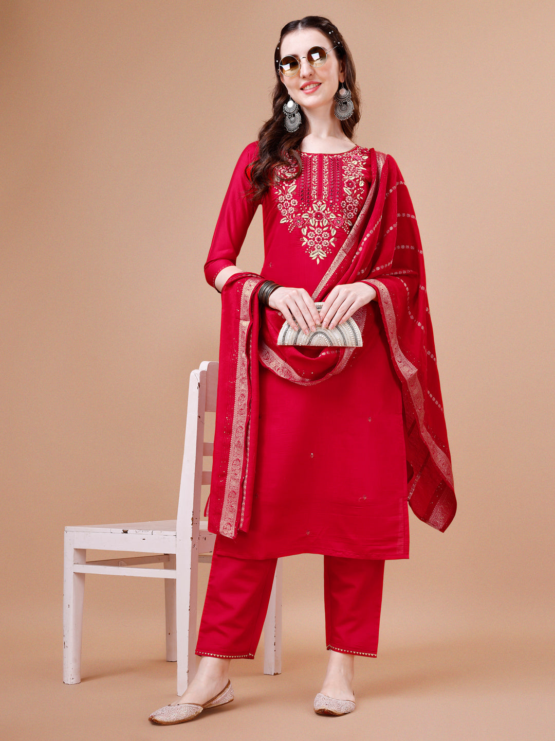 Hand Embroidered Kurta With Pant & Dupatta, Multicolor - Hiral Fashion | Grocsy