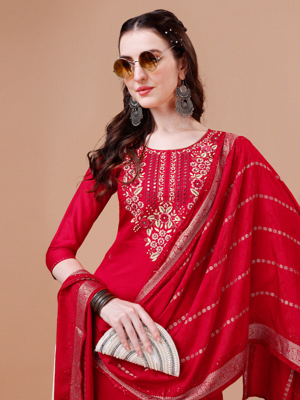 Hand Embroidered Kurta With Pant & Dupatta, Multicolor - Hiral Fashion | Grocsy