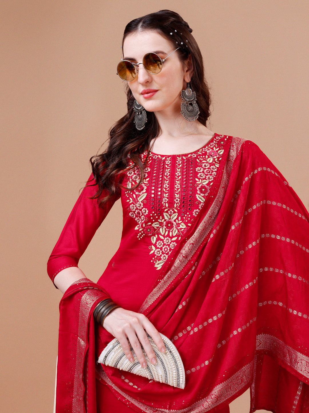 Hand Embroidered Kurta With Pant & Dupatta, Multicolor - Hiral Fashion | Grocsy