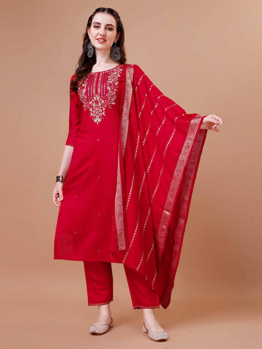 Hand Embroidered Kurta With Pant & Dupatta, Multicolor - Hiral Fashion | Grocsy
