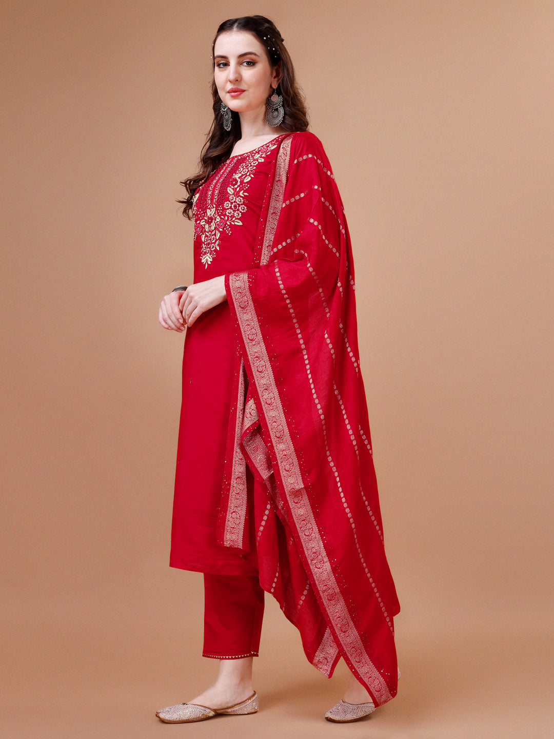Hand Embroidered Kurta With Pant & Dupatta, Multicolor - Hiral Fashion | Grocsy