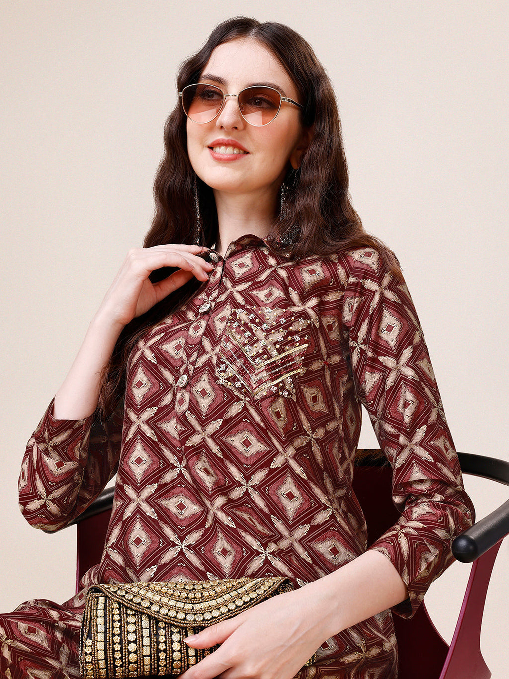 Hand Embroidered & Printed Collar 2 Piece Co-Ords Set, Multicolor - Hiral Fashion | Grocsy