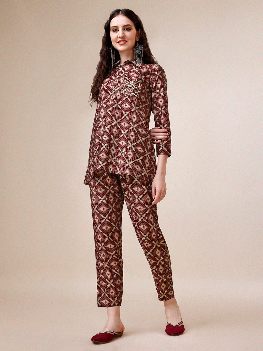 Hand Embroidered & Printed Collar 2 Piece Co-Ords Set, Multicolor - Hiral Fashion | Grocsy