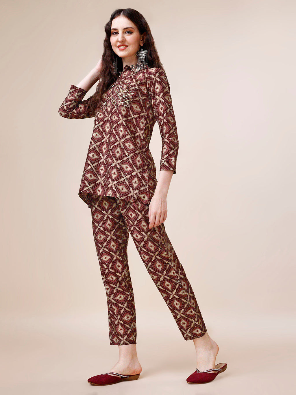 Hand Embroidered & Printed Collar 2 Piece Co-Ords Set, Multicolor - Hiral Fashion | Grocsy