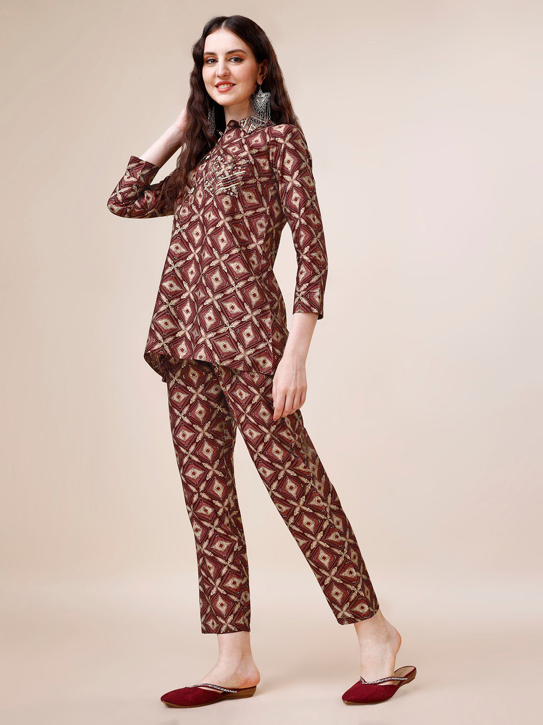 Hand Embroidered & Printed Collar 2 Piece Co-Ords Set, Multicolor - Hiral Fashion | Grocsy