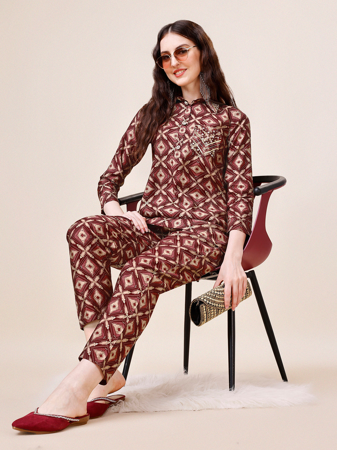Hand Embroidered & Printed Collar 2 Piece Co-Ords Set, Multicolor - Hiral Fashion | Grocsy