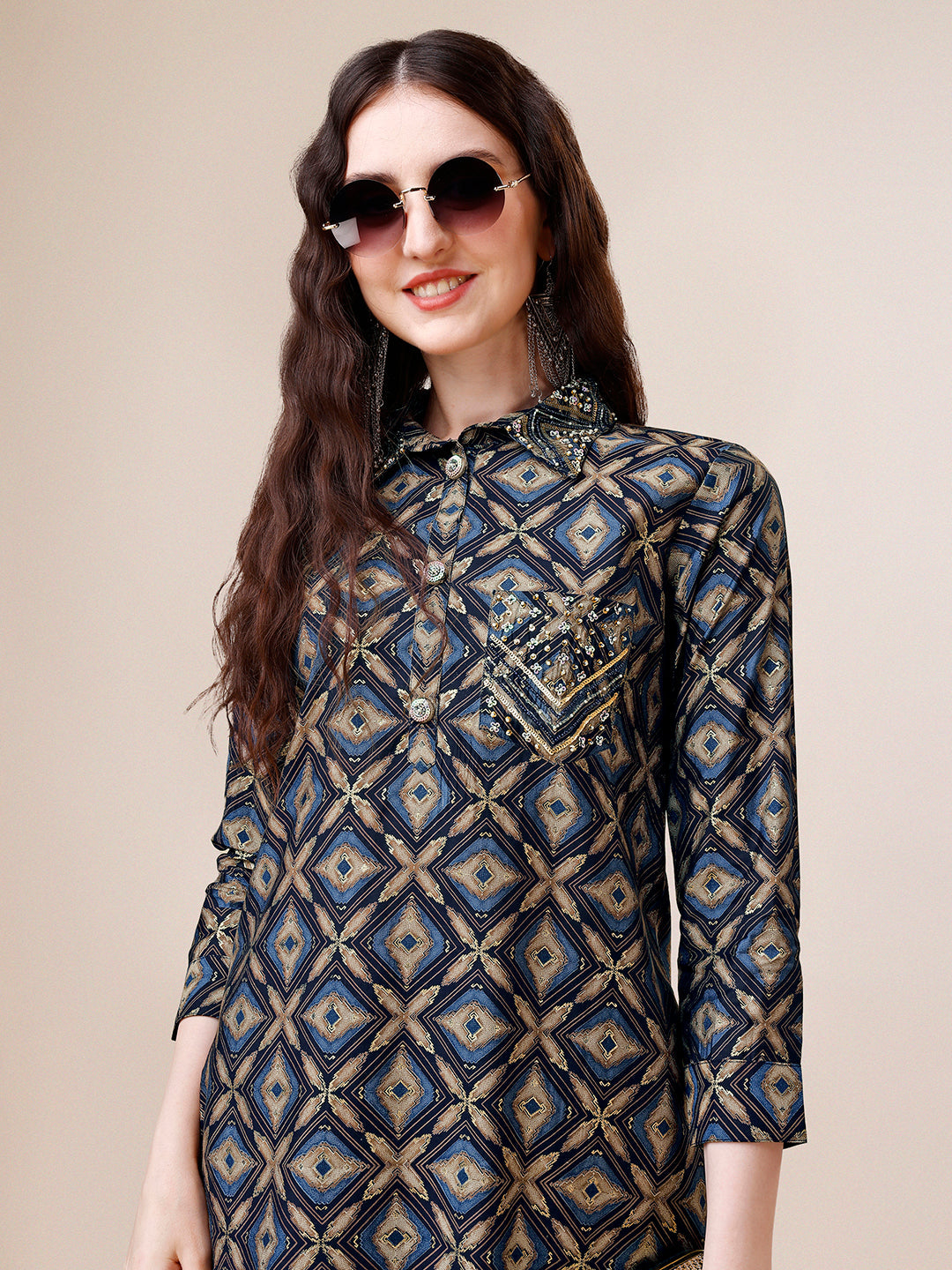 Hand Embroidered & Printed Collar 2 Piece Co-Ords Set, Multicolor - Hiral Fashion | Grocsy