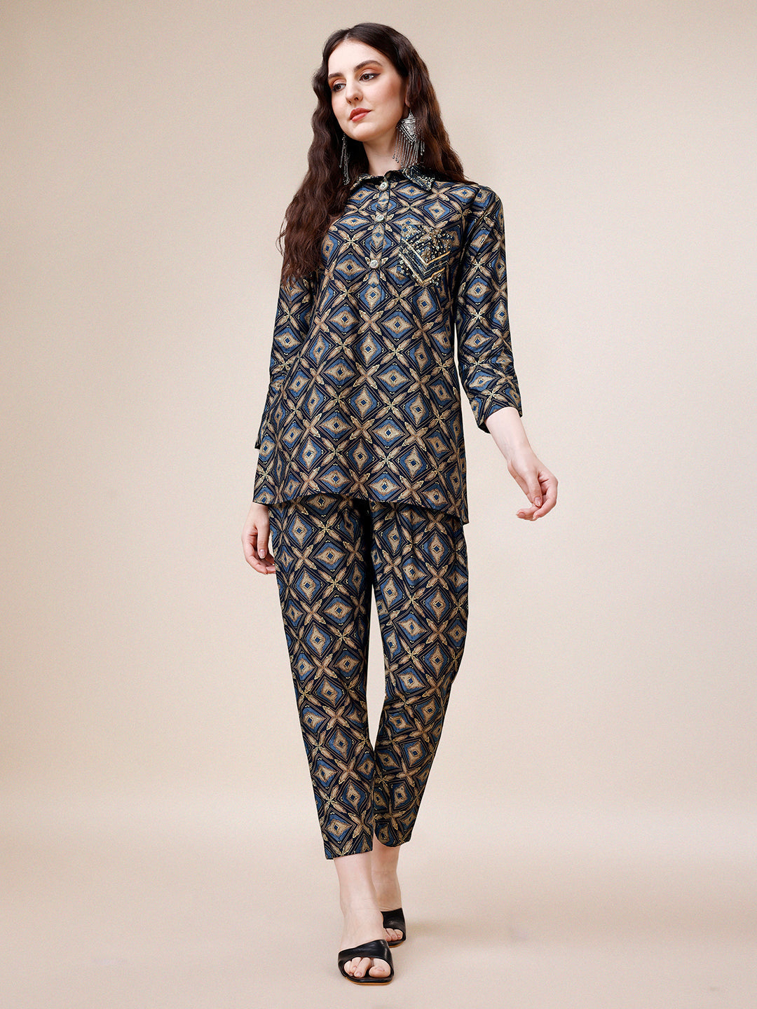 Hand Embroidered & Printed Collar 2 Piece Co-Ords Set, Multicolor - Hiral Fashion | Grocsy