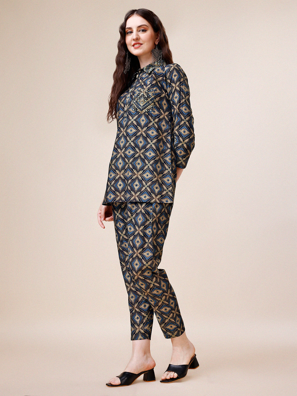 Hand Embroidered & Printed Collar 2 Piece Co-Ords Set, Multicolor - Hiral Fashion | Grocsy