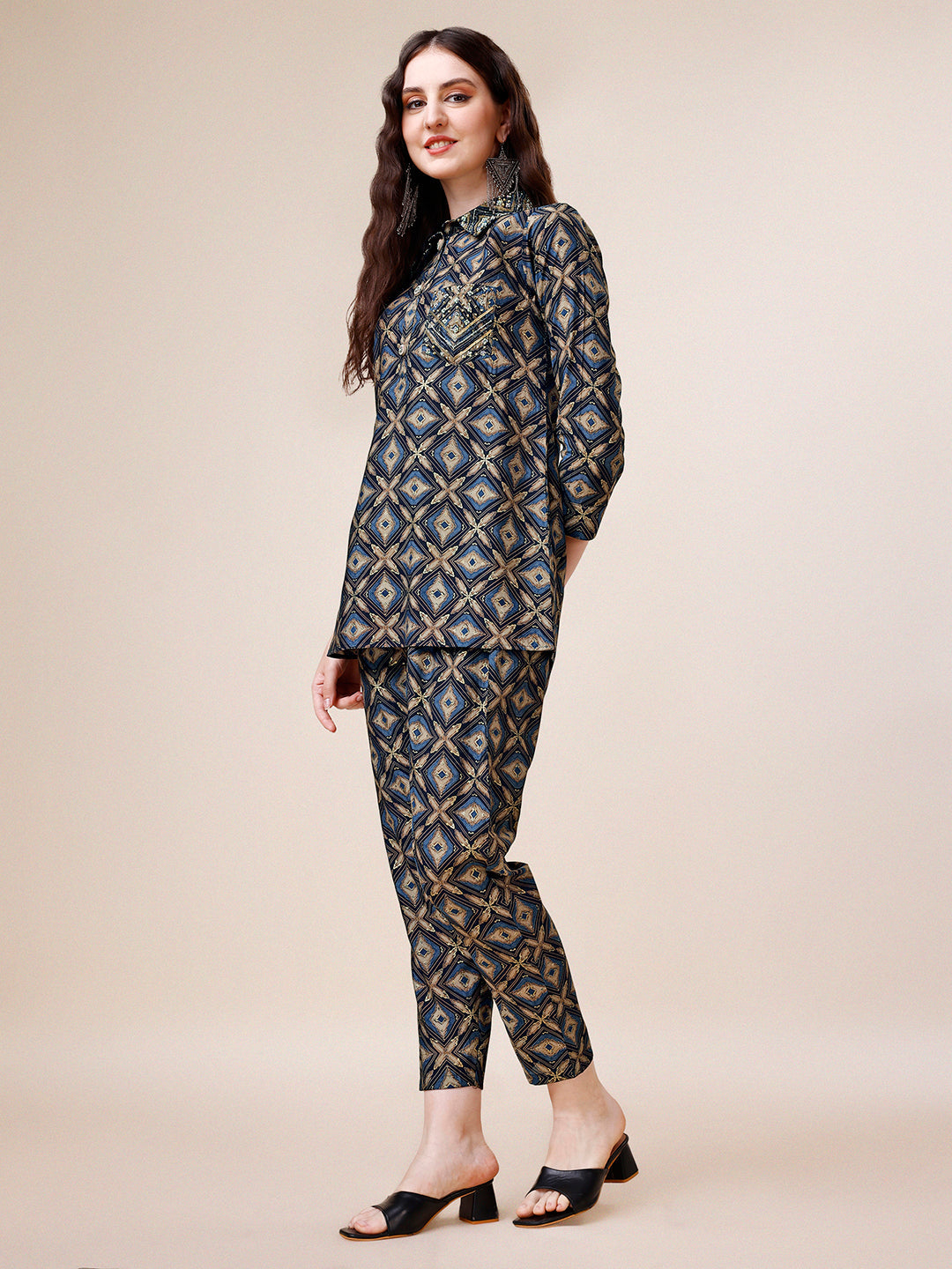 Hand Embroidered & Printed Collar 2 Piece Co-Ords Set, Multicolor - Hiral Fashion | Grocsy