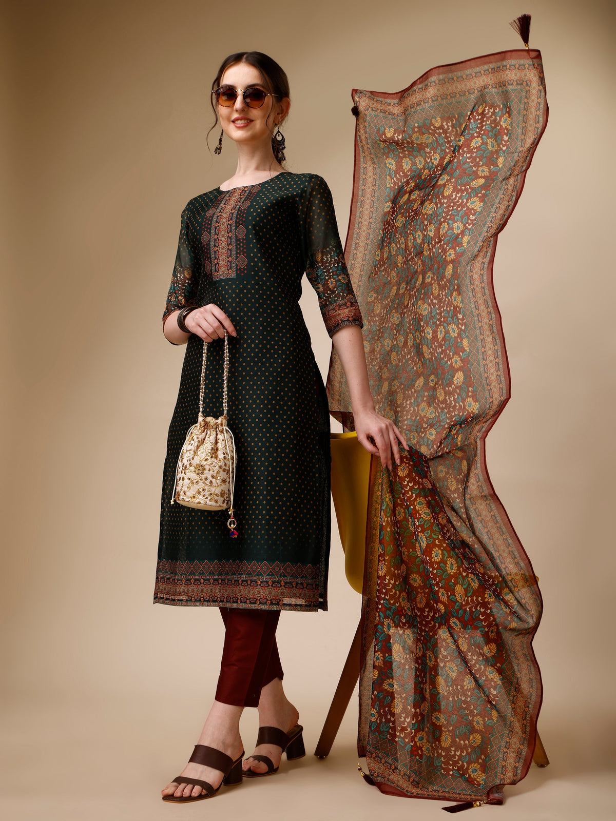 Polka & Floral Printed Chanderi Kurta With Pant & Dupatta, Multicolor - Hiral Fashion | Grocsy