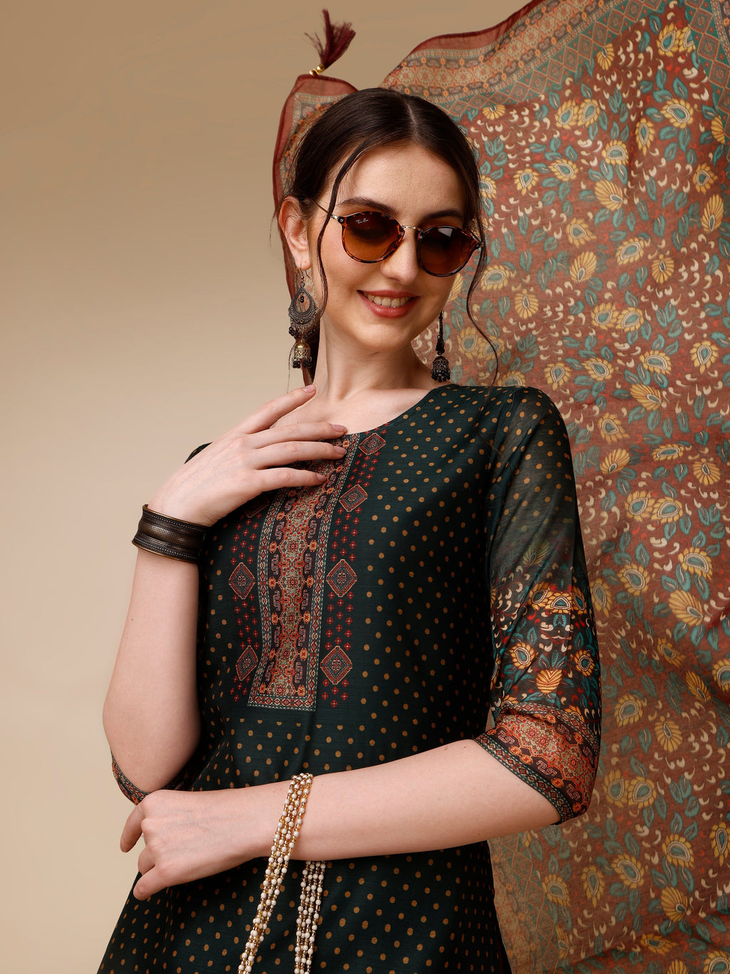 Polka & Floral Printed Chanderi Kurta With Pant & Dupatta, Multicolor - Hiral Fashion | Grocsy