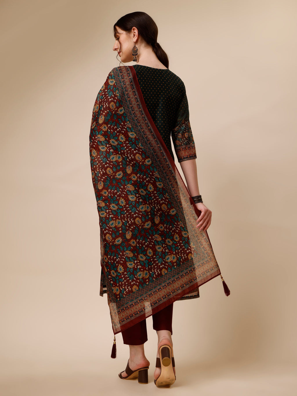 Polka & Floral Printed Chanderi Kurta With Pant & Dupatta, Multicolor - Hiral Fashion | Grocsy