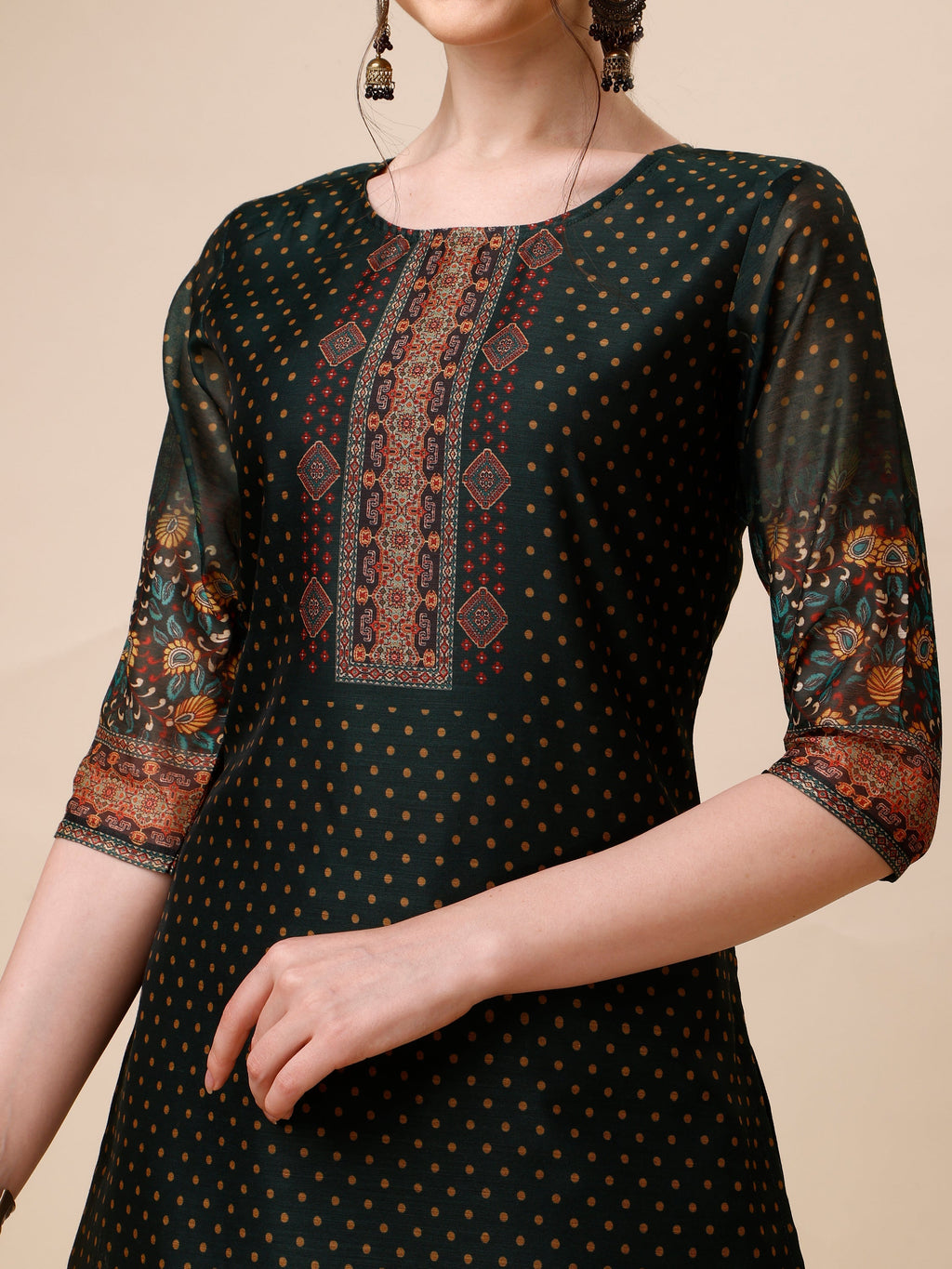 Polka & Floral Printed Chanderi Kurta With Pant & Dupatta, Multicolor - Hiral Fashion | Grocsy