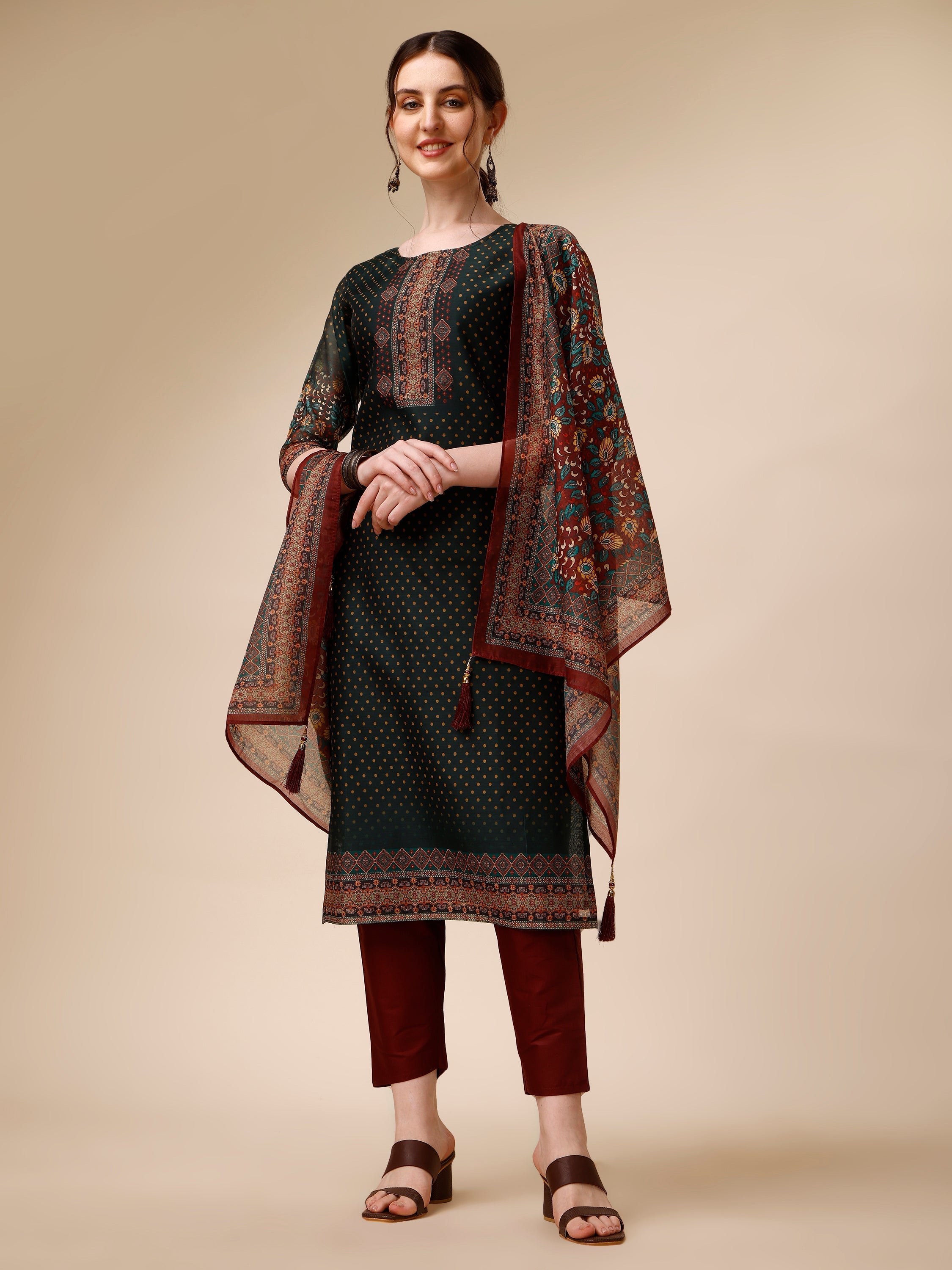 Polka & Floral Printed Chanderi Kurta With Pant & Dupatta, Multicolor - Hiral Fashion | Grocsy