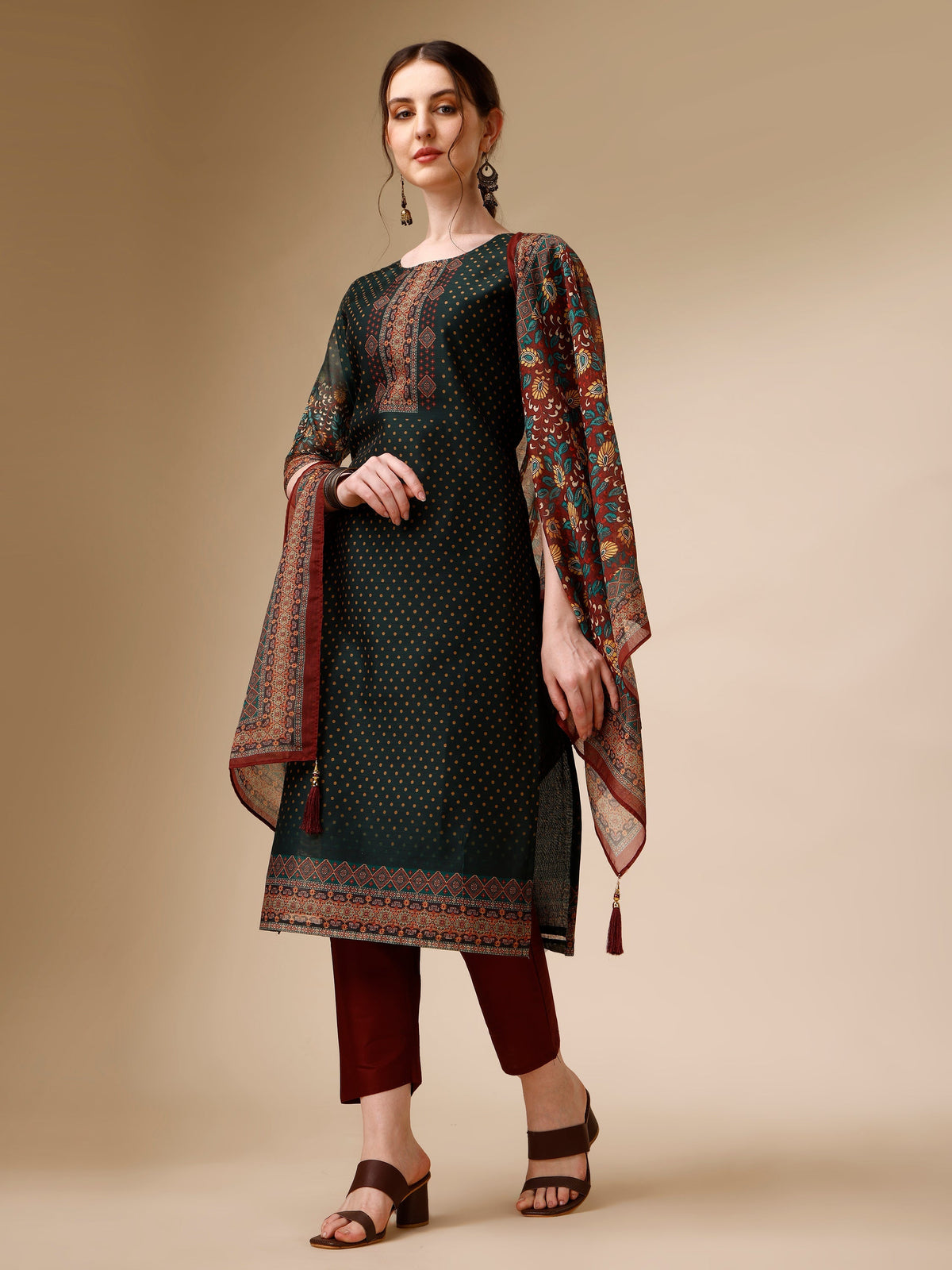 Polka & Floral Printed Chanderi Kurta With Pant & Dupatta, Multicolor - Hiral Fashion | Grocsy