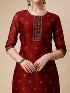 Peacock Printed Chanderi Kurta With Pant & Printed Dupatta, Multicolor - Hiral Fashion | Grocsy
