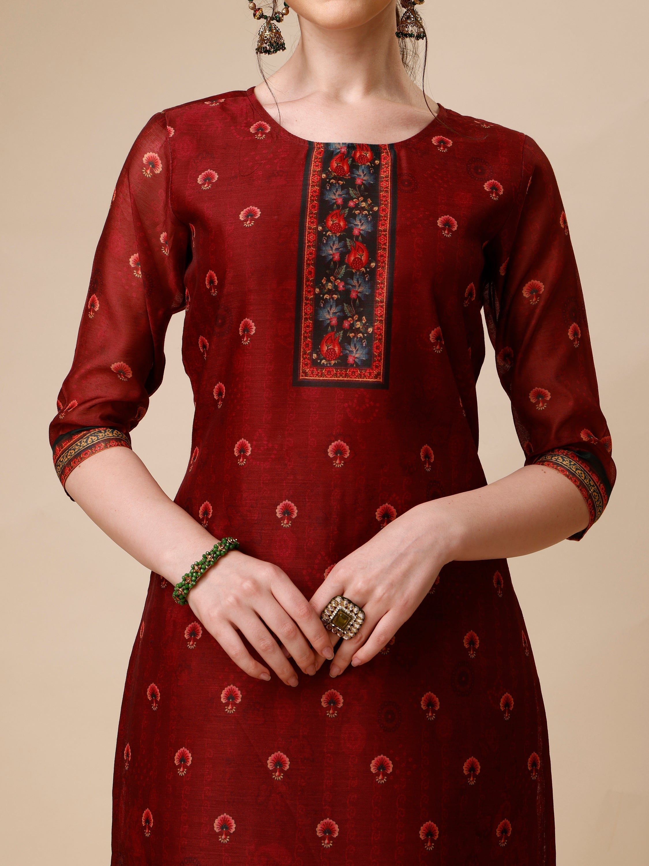Peacock Printed Chanderi Kurta With Pant & Printed Dupatta, Multicolor - Hiral Fashion | Grocsy