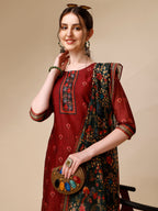 Peacock Printed Chanderi Kurta With Pant & Printed Dupatta, Multicolor - Hiral Fashion | Grocsy