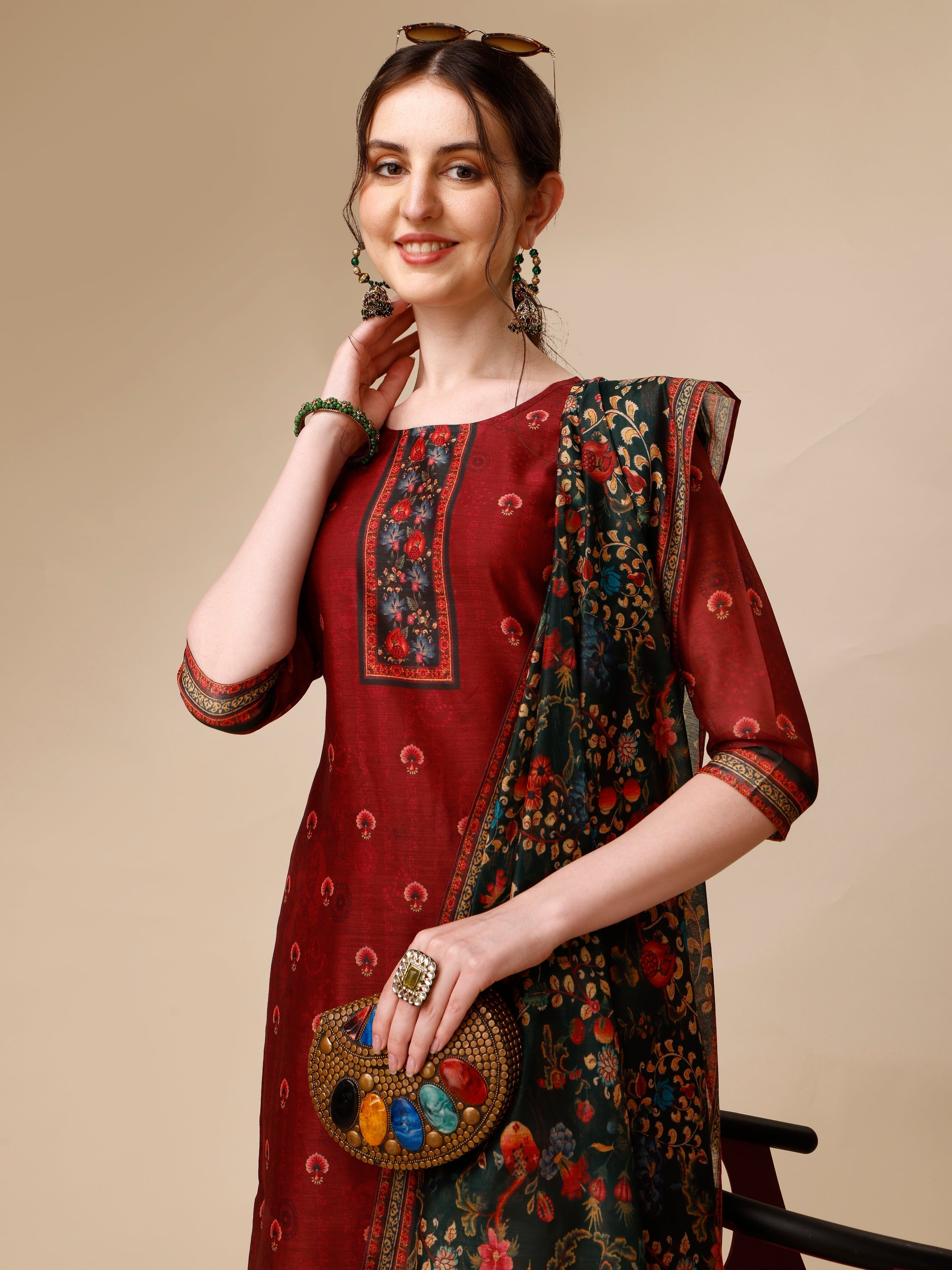 Peacock Printed Chanderi Kurta With Pant & Printed Dupatta, Multicolor - Hiral Fashion | Grocsy