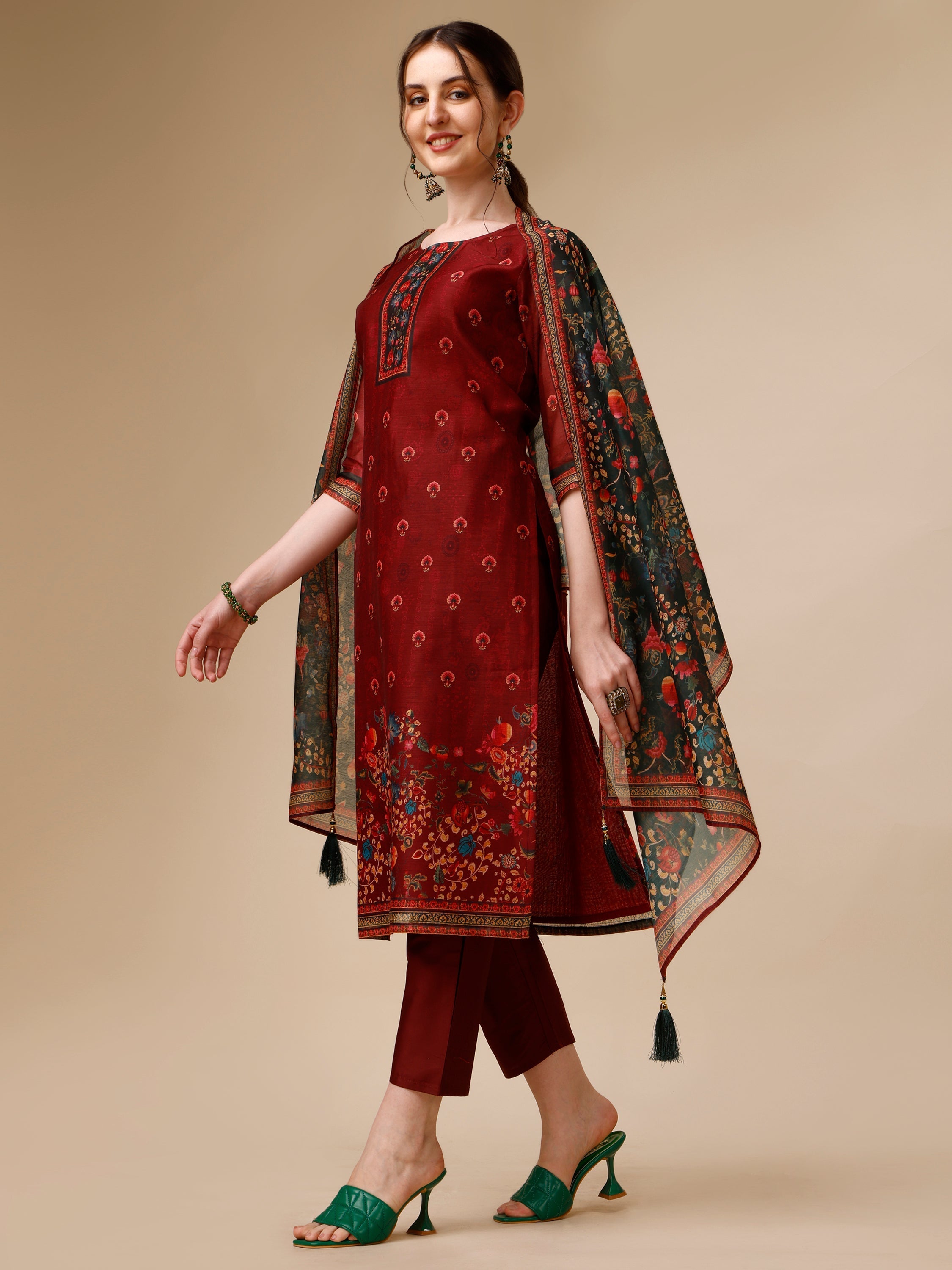 Peacock Printed Chanderi Kurta With Pant & Printed Dupatta, Multicolor - Hiral Fashion | Grocsy