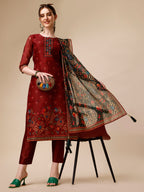Peacock Printed Chanderi Kurta With Pant & Printed Dupatta, Multicolor - Hiral Fashion | Grocsy