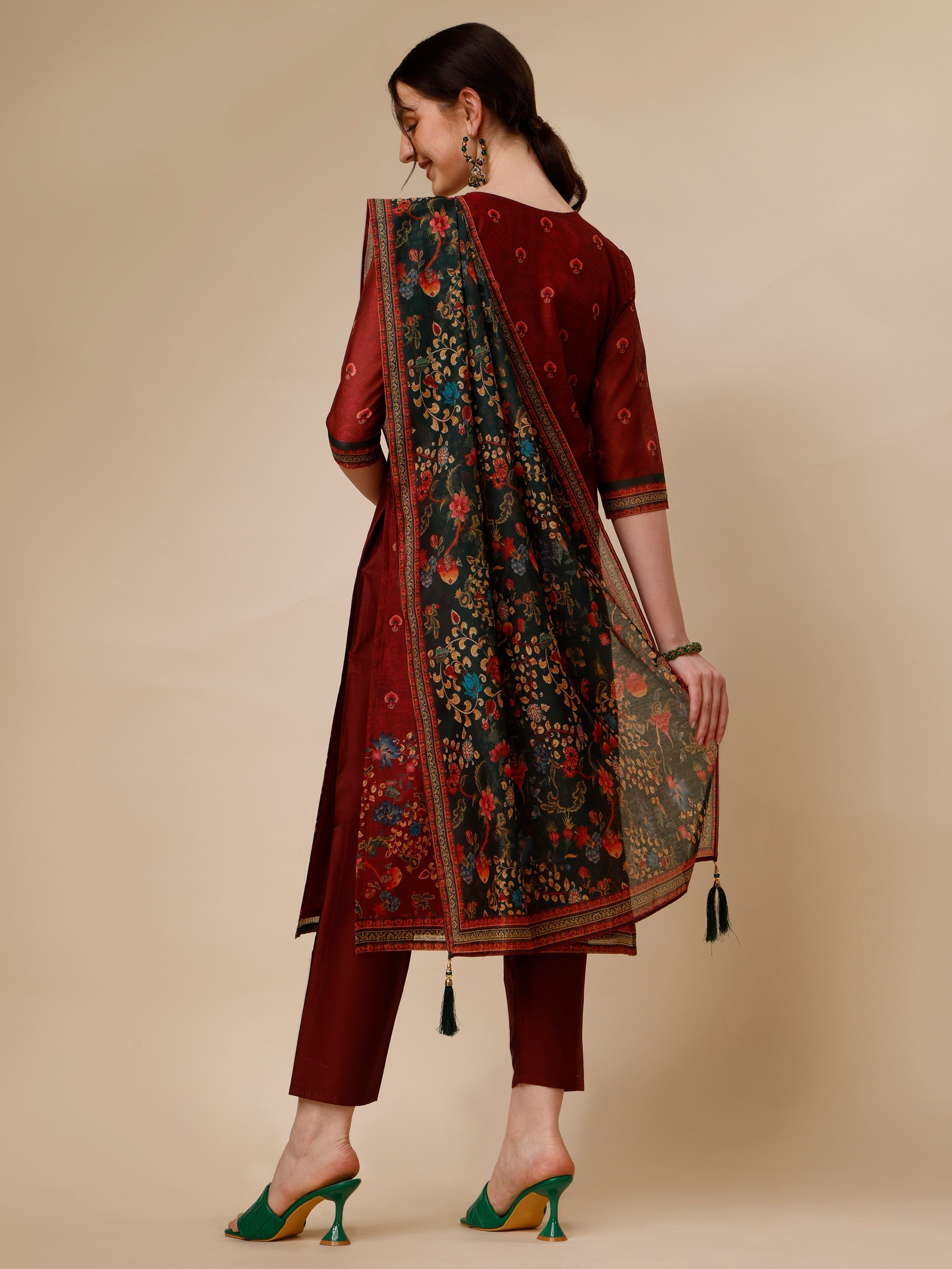 Peacock Printed Chanderi Kurta With Pant & Printed Dupatta, Multicolor - Hiral Fashion | Grocsy
