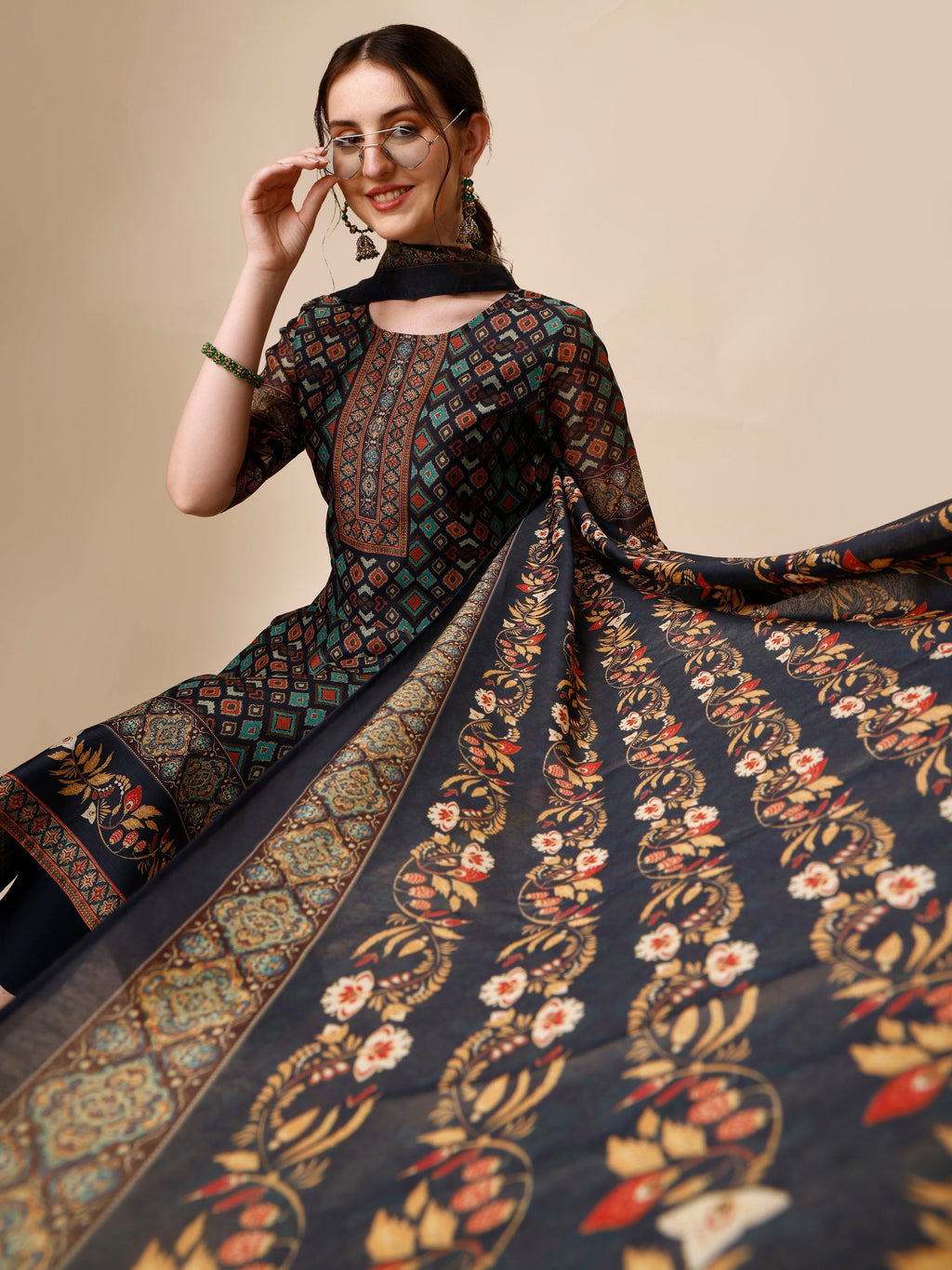 Ethnic Motif Printed Kurta With Pant & Printed Dupatta, Multicolor - Hiral Fashion | Grocsy
