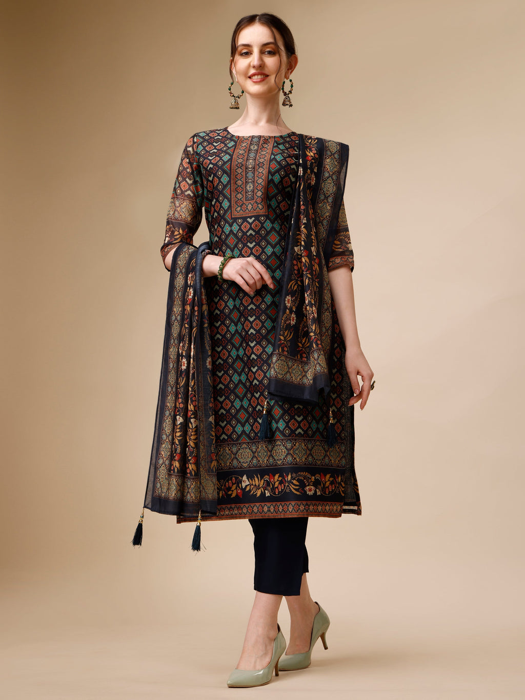 Ethnic Motif Printed Kurta With Pant & Printed Dupatta, Multicolor - Hiral Fashion | Grocsy