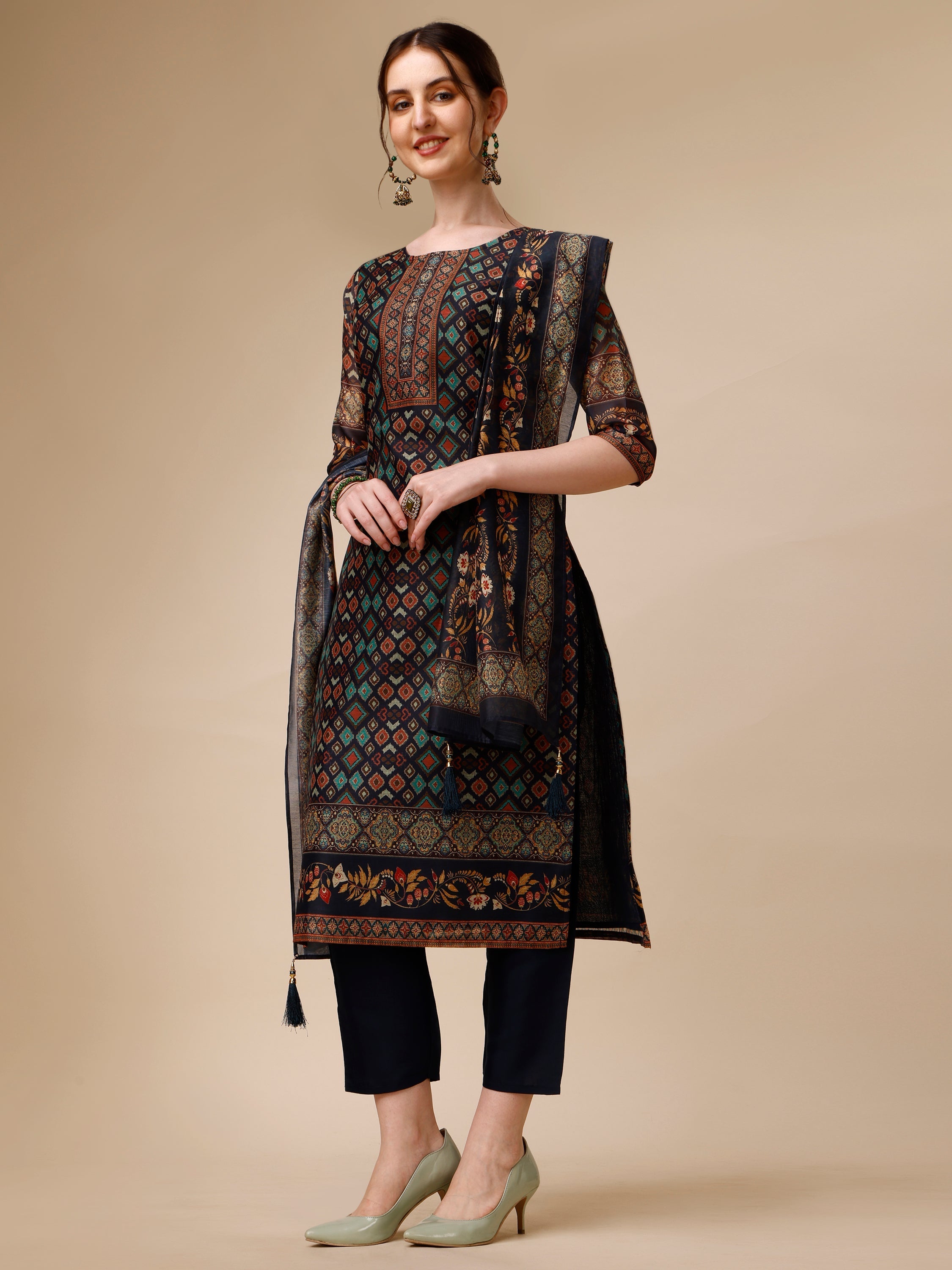 Ethnic Motif Printed Kurta With Pant & Printed Dupatta, Multicolor - Hiral Fashion | Grocsy