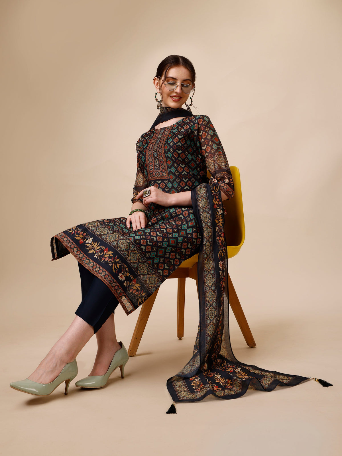 Ethnic Motif Printed Kurta With Pant & Printed Dupatta, Multicolor - Hiral Fashion | Grocsy
