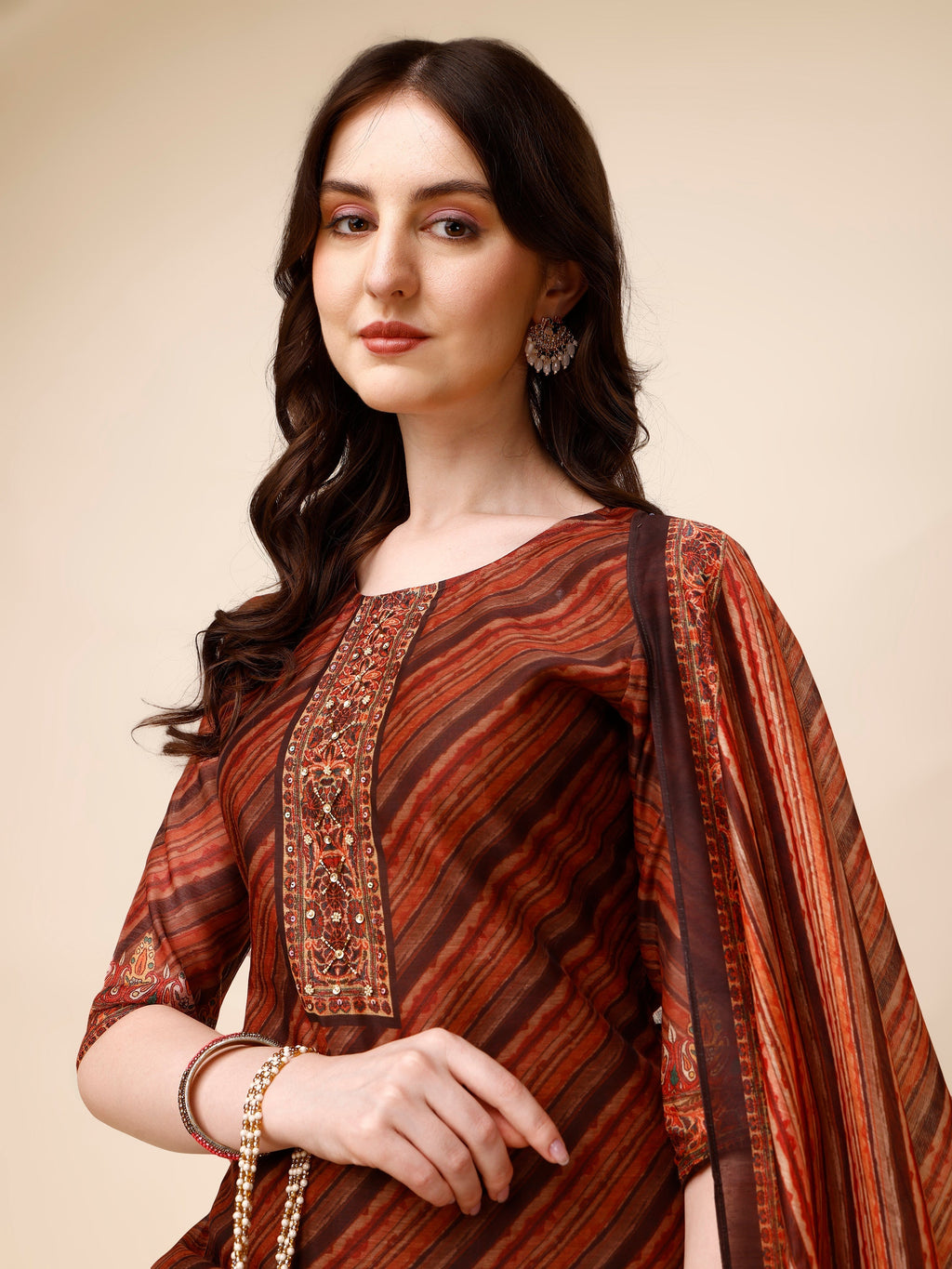 Leheriya Printed & Embroidered Kurta With Pant And Dupatta Set, Multicolor - Hiral Fashion | Grocsy