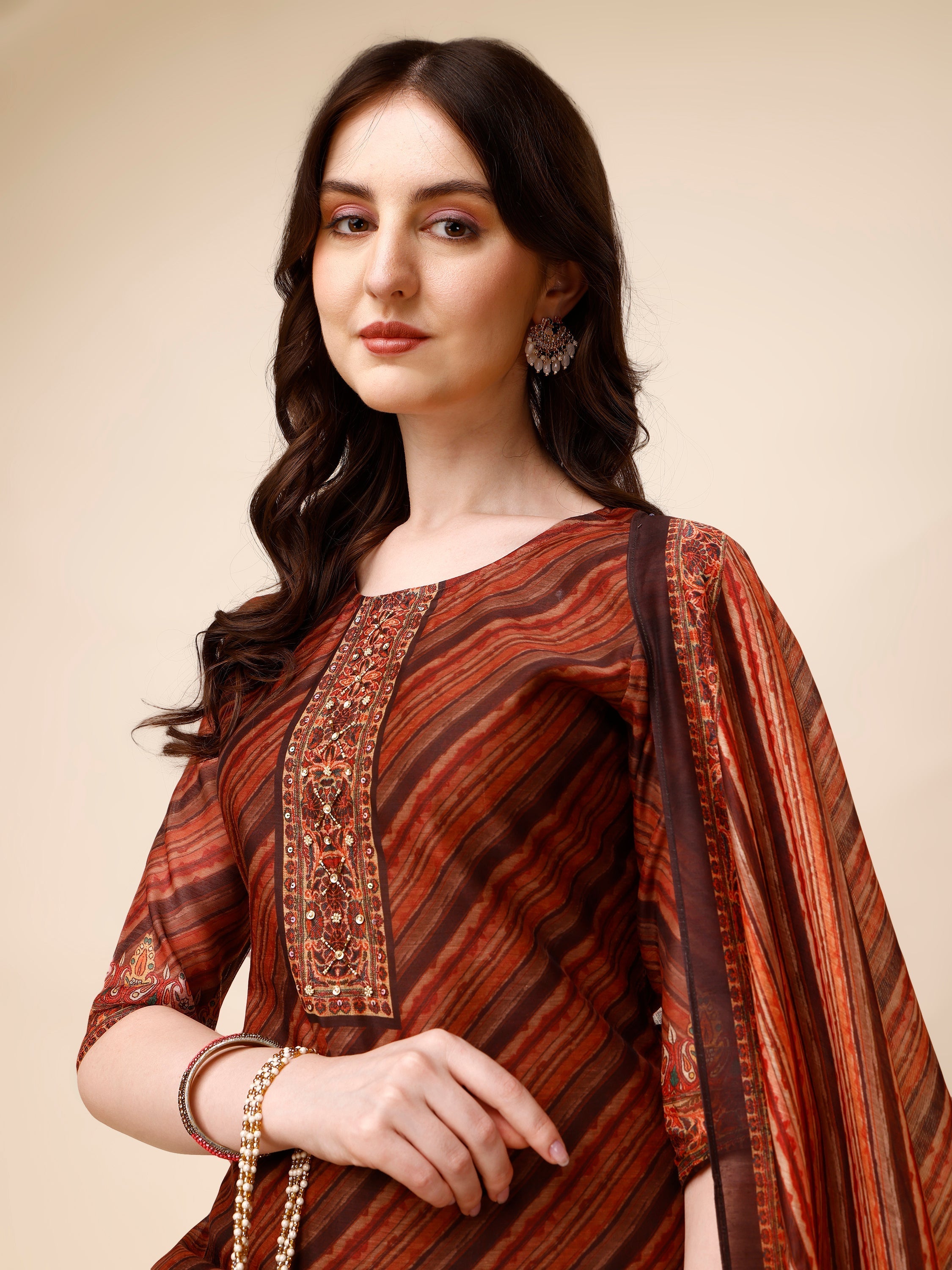 Leheriya Printed & Embroidered Kurta With Pant And Dupatta Set, Multicolor - Hiral Fashion | Grocsy