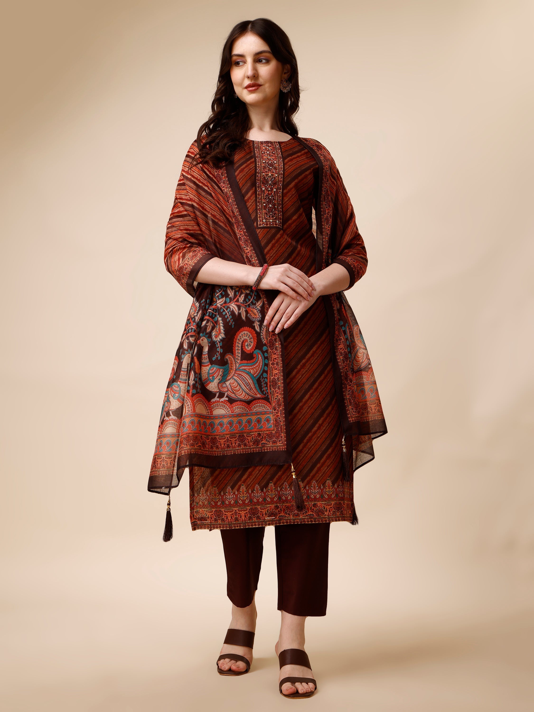 Leheriya Printed & Embroidered Kurta With Pant And Dupatta Set, Multicolor - Hiral Fashion | Grocsy