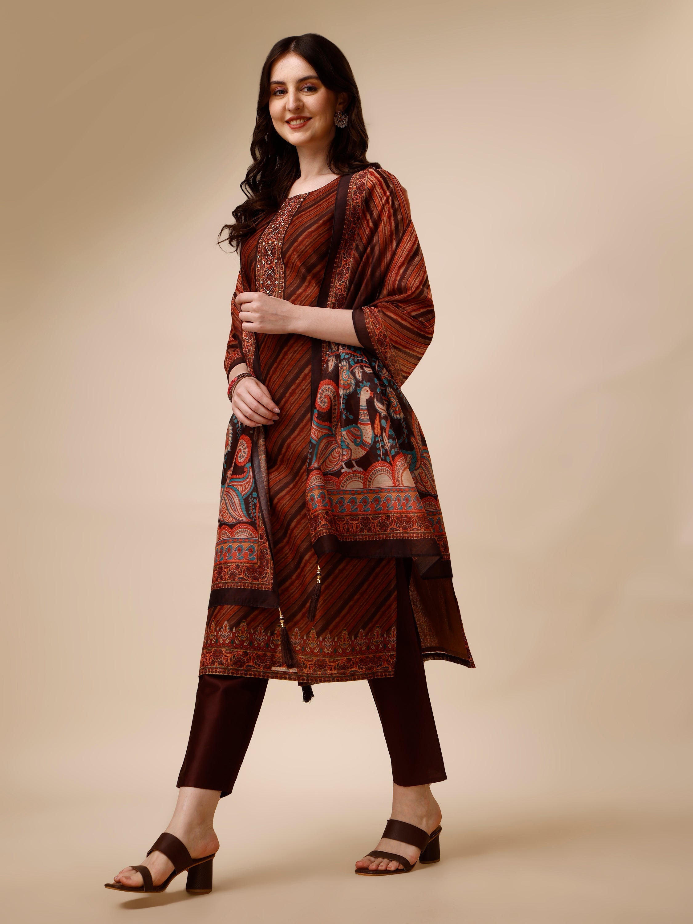 Leheriya Printed & Embroidered Kurta With Pant And Dupatta Set, Multicolor - Hiral Fashion | Grocsy