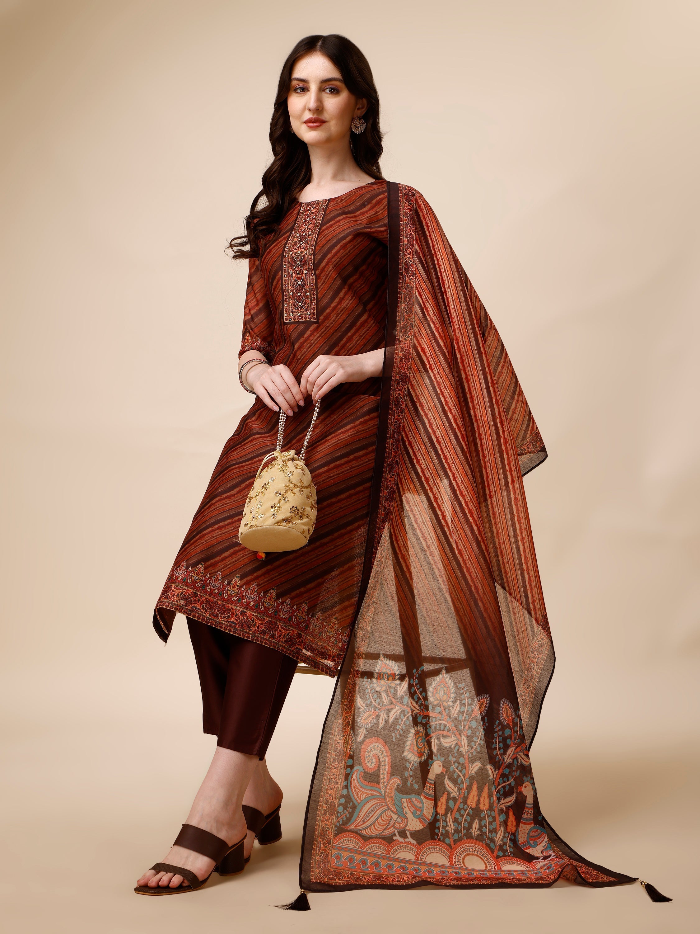 Leheriya Printed & Embroidered Kurta With Pant And Dupatta Set, Multicolor - Hiral Fashion | Grocsy