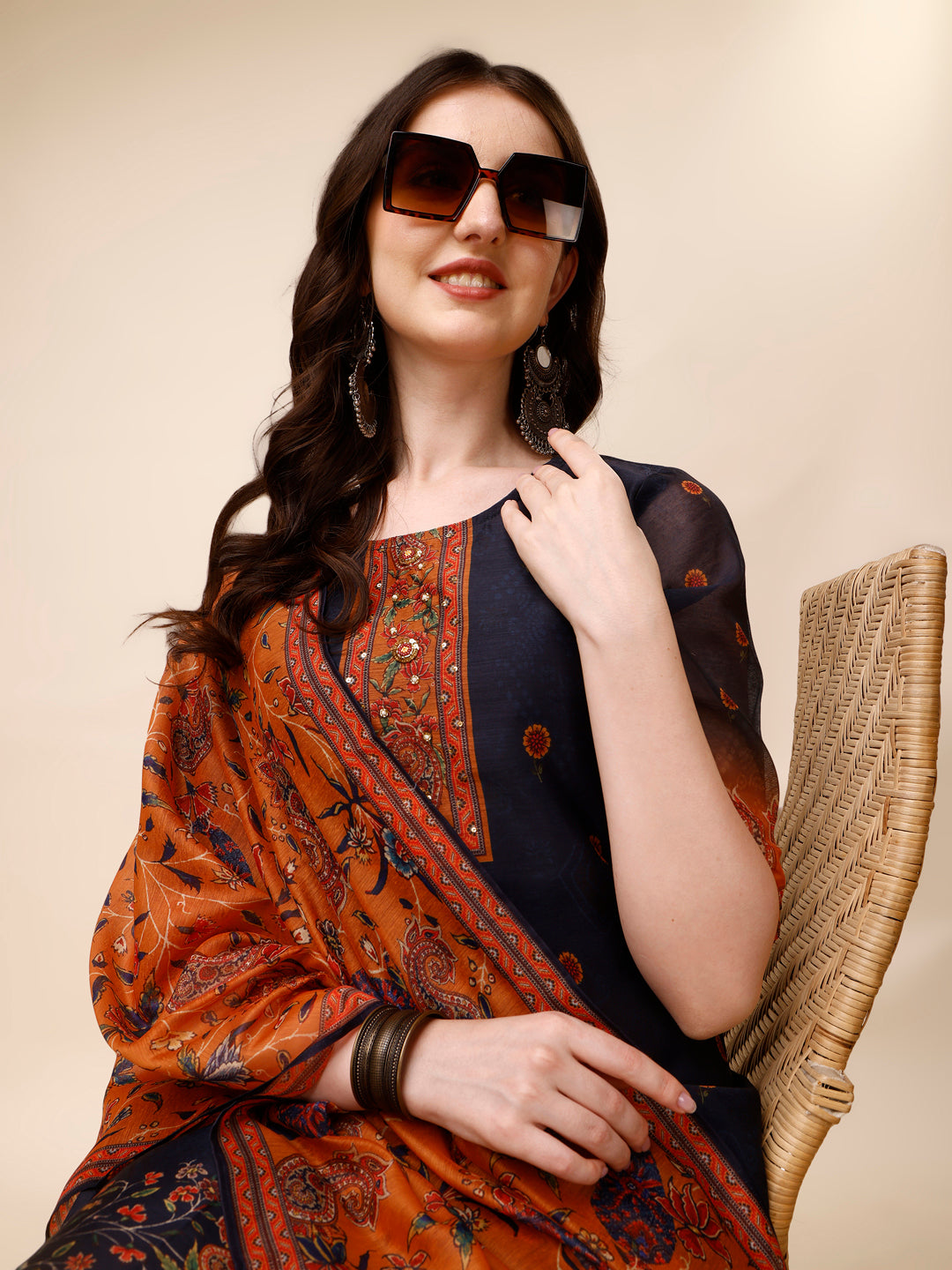 Ethnic Motif Printed & Embroidered Kurta With Pant & Dupatta Set, Multicolor - Hiral Fashion | Grocsy