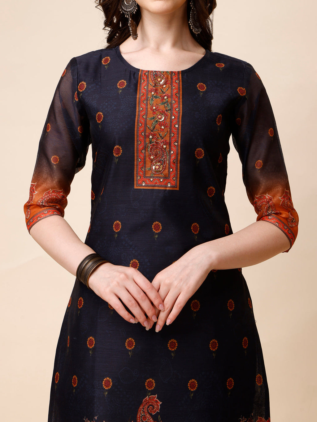 Ethnic Motif Printed & Embroidered Kurta With Pant & Dupatta Set, Multicolor - Hiral Fashion | Grocsy