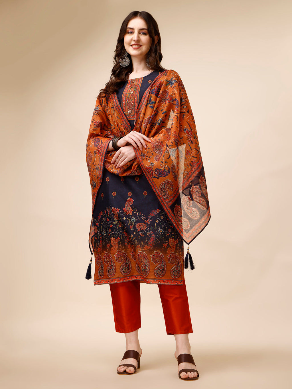 Ethnic Motif Printed & Embroidered Kurta With Pant & Dupatta Set, Multicolor - Hiral Fashion | Grocsy
