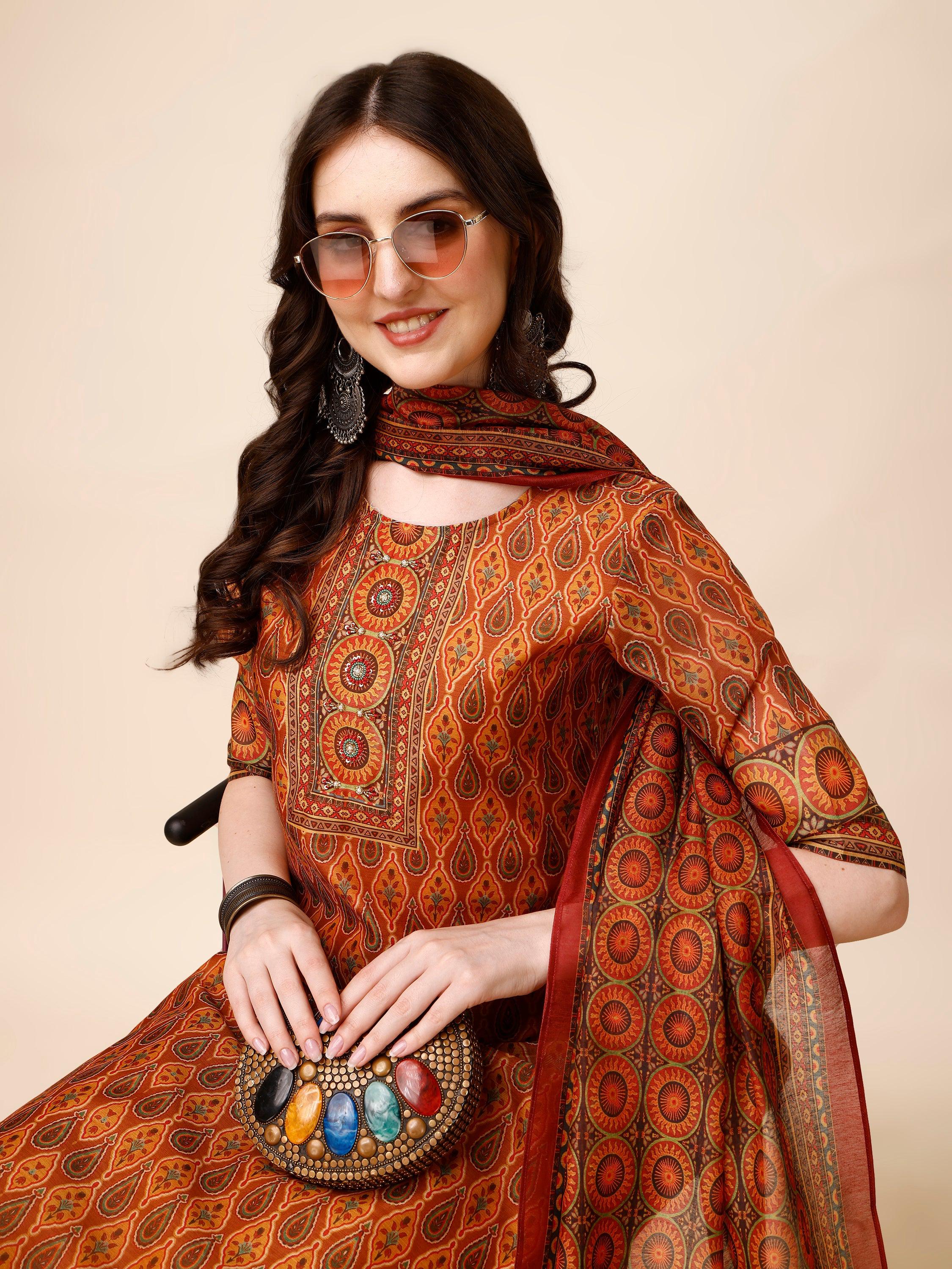 Ethnic Motif Printed & Embroidered Kurta With Pant & Dupatta Set, Multicolor - Hiral Fashion | Grocsy