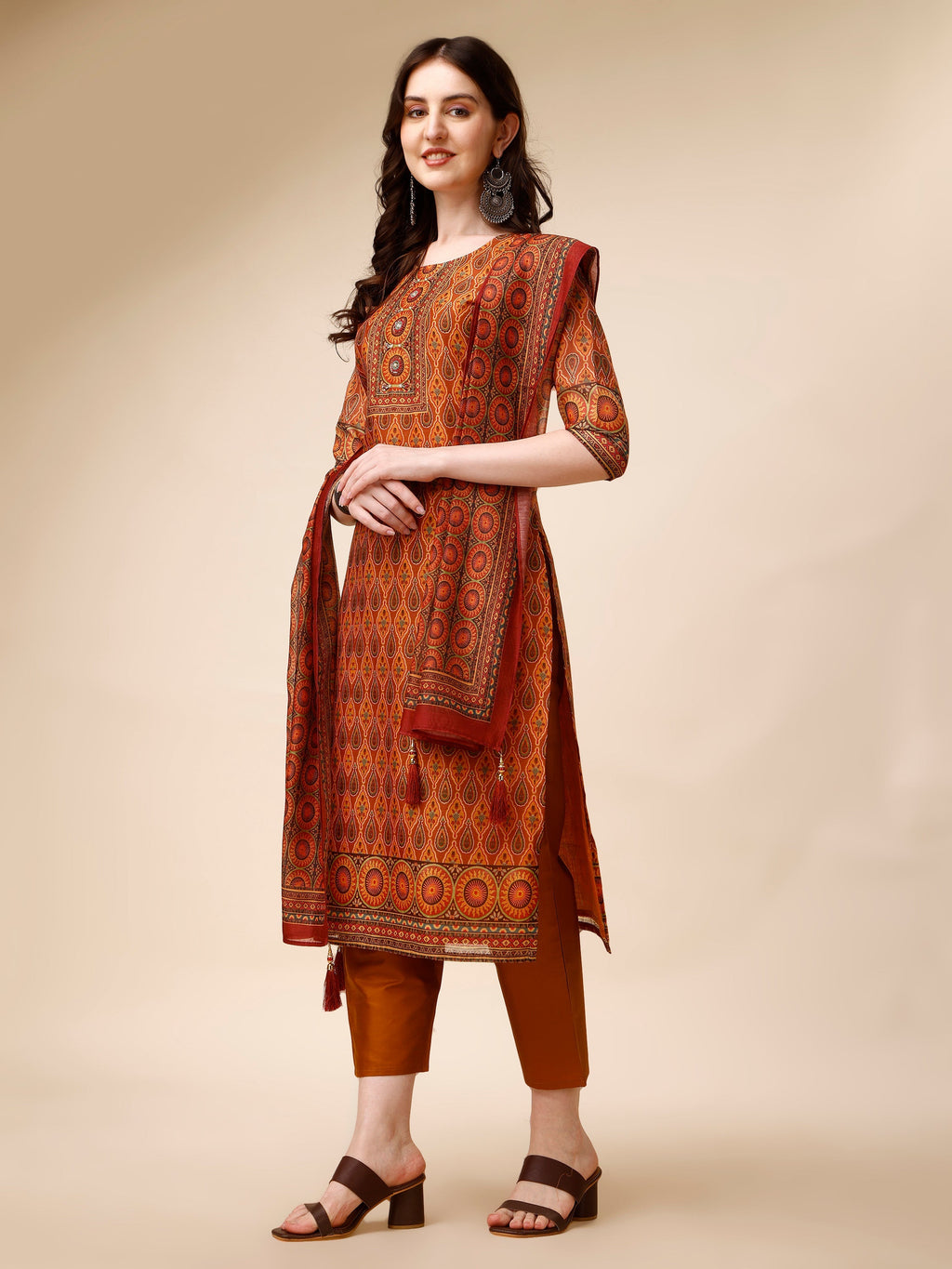 Ethnic Motif Printed & Embroidered Kurta With Pant & Dupatta Set, Multicolor - Hiral Fashion | Grocsy